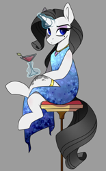 Size: 270x436 | Tagged: safe, artist:crimmharmony, oc, oc:shadow spade, species:pony, species:unicorn, fallout equestria, alcohol, bags under eyes, beauty mark, blank, blank of rarity, blue dress, blue eyes, commissioner:genki, crossed legs, dead eyes, fallout equestria: kingpin, glass, gold rings, gray background, jewelry, justice mare, lawbringer, magic, necklace, not rarity, purple eyeshadow, simple background, sitting, solo, sophisticated as hell, sparkling blue dress, sparkling dress, spots, stool, telekinesis, tired, unicorn oc, wine, wine glass