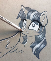Size: 1703x2048 | Tagged: safe, artist:emberslament, character:twilight sparkle, character:twilight sparkle (alicorn), species:alicorn, species:pony, g4, blushing, boop, colored pencil drawing, colored pencils, cute, female, fourth wall, mare, pencil boop, photo, scrunchy face, traditional art