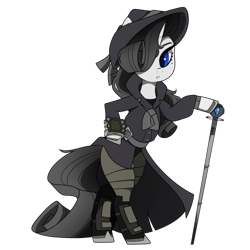 Size: 437x437 | Tagged: safe, artist:crimmharmony, oc, oc:shadow spade, species:pony, species:unicorn, fallout equestria, armor, armored legs, beauty mark, bipedal, black eyeshadow, blank, blank of rarity, blue eyes, clothing, commissioner:genki, fallout equestria: kingpin, fedora, female, hat, justice mare, lawbringer, mare, noir, not rarity, pipboy, pipbuck, shoes, solo, swordstick, trenchcoat, unicorn oc