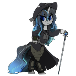 Size: 437x437 | Tagged: safe, artist:crimmharmony, oc, oc:frontier justice, oc:shadow spade, species:pony, species:unicorn, fallout equestria, armor, armored legs, beauty mark, bipedal, black eyeshadow, blank, blank of rarity, blue eyes, clothing, commissioner:genki, detective, fallout equestria: kingpin, fedora, female, hat, justice mare, lawbringer, mane highlights, mare, messy mane, mutation, noir, pipboy, pipbuck, scar, shoes, solo, split-personality merge, swordstick, trenchcoat, unicorn oc, wet mane