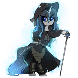 Size: 437x437 | Tagged: safe, artist:crimmharmony, oc, oc:frontier justice, oc:shadow spade, species:pony, species:unicorn, fallout equestria, armor, armored legs, aura, beauty mark, bipedal, black eyeshadow, blank, blank of rarity, blue eyes, clothing, commissioner:genki, detective, discharge, fallout equestria: kingpin, fedora, female, hat, justice mare, lawbringer, magic, mane highlights, mare, messy mane, mutation, pipboy, pipbuck, scar, shoes, simple background, solo, split-personality merge, swordstick, transparent background, trenchcoat, unicorn oc, wet mane