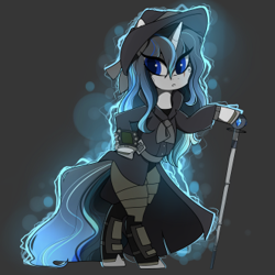 Size: 331x331 | Tagged: safe, artist:crimmharmony, oc, oc:frontier justice, oc:shadow spade, species:pony, species:unicorn, fallout equestria, armor, armored legs, aura, beauty mark, bipedal, black eyeshadow, blank, blank of rarity, blue eyes, clothing, commissioner:genki, detective, discharge, fallout equestria: kingpin, fedora, female, gray background, hat, justice mare, lawbringer, magic, mane highlights, mare, messy mane, mutation, pipboy, pipbuck, scar, shoes, simple background, solo, split-personality merge, swordstick, trenchcoat, unicorn oc, wet mane