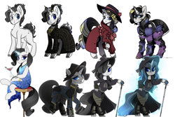 Size: 1920x1280 | Tagged: safe, artist:crimmharmony, oc, oc:frontier justice, oc:shadow spade, species:pony, species:unicorn, fallout equestria, alcohol, armor, armored legs, aura, bags under eyes, bangs, beauty mark, bipedal, black eyeshadow, blank, blank flank, blank of rarity, blue dress, blue eyes, choker, clothing, collage, commissioner:genki, dead eyes, detective, detective rarity, discharge, emotional spectrum, fallout equestria: kingpin, fedora, female, glass, gold rings, gun, handgun, hat, holster, innocence lost, jewelry, justice mare, lawbringer, magic, magic aura, mane highlights, mare, messy mane, ministry of awesome, ministry of image, moa stealth armor, multeity, mutation, necklace, not rarity, pipboy, pipbuck, pistol, power armor, progress, purple eyeshadow, raised hoof, revolver, scar, serious, serious face, shading, shoes, shy, simple background, sitting, smiling, solo, sophisticated as hell, sparkling blue dress, sparkling dress, split-personality merge, spots, stable 232, stable 232 overmare suit, standing, stool, swordstick, tail armor, telekinesis, tired, trenchcoat, unicorn oc, vault suit, weapon, wet mane, white background, wine, wine glass