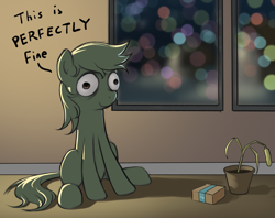 Size: 1495x1186 | Tagged: safe, artist:amarthgul, oc, oc:anon, species:pony, christmas, christmas tree, holiday, potted plant, solo, this is fine, tree