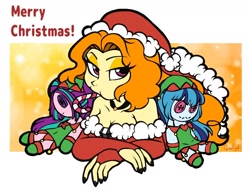 Size: 1412x1086 | Tagged: safe, artist:queentigrel, character:adagio dazzle, character:aria blaze, character:sonata dusk, my little pony:equestria girls, bare shoulders, breasts, bust, button eyes, candy, candy cane, christmas, cleavage, clothing, eating, female, food, hat, holiday, mouth hold, plushie, puffy cheeks, santa hat, solo, the dazzlings