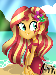 Size: 1536x2048 | Tagged: safe, artist:artmlpk, character:sunset shimmer, my little pony:equestria girls, beach, bracelet, cute, female, flower, flower in hair, island, jewelry, looking at you, looking back, looking back at you, mountain, shimmerbetes, smiling, solo, vacation