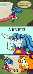 Size: 609x1355 | Tagged: safe, artist:queentigrel, character:sonata dusk, my little pony:equestria girls, :3, blushing, comic, converse, cute, dialogue, evil grin, grin, knife, meme, ponified meme, poolside, psycho, psychonata dusk, psychotic, running, shoes, smiling, sonatabetes, speech bubble, this will not end well, vine video, weapon