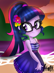 Size: 1536x2048 | Tagged: safe, artist:artmlpk, character:twilight sparkle, character:twilight sparkle (scitwi), species:eqg human, my little pony:equestria girls, beach, blushing, clothing, cloud, cute, dress, female, flower, flower in hair, island, looking at you, looking back, looking back at you, scrunchie, sky, solo, sunset, twiabetes, vacation