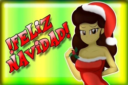 Size: 720x480 | Tagged: safe, artist:danielitamlp, oc, oc only, oc:flower melody, species:human, my little pony:equestria girls, bare shoulders, breasts, christmas, clothing, female, hat, holiday, holly, holly mistaken for mistletoe, looking at you, merry christmas, mistletoe, santa hat, sleeveless, smiling, solo, spanish, strapless