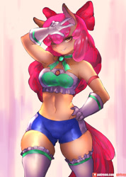 Size: 923x1300 | Tagged: safe, artist:girlsay, character:apple bloom, species:anthro, species:earth pony, species:pony, amber eyes, apple bloomers, applebucking thighs, armband, armpits, beautiful, bedroom eyes, belly button, booty shorts, bow, breasts, brooch, busty apple bloom, choker, clothing, female, frilly, gloves, hair bow, looking at you, magical girl, midriff, older, older apple bloom, one eye closed, pose, ribbon, sexy, skindentation, smiling, socks, stupid sexy apple bloom, thigh highs, thighs, thunder thighs, tube top, underass, wink