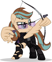 Size: 1280x1516 | Tagged: safe, artist:mlp-trailgrazer, oc, oc only, oc:krystal clear, species:pegasus, species:pony, arrow, bow (weapon), bow and arrow, clothing, cosplay, costume, female, glasses, hawkeye, mare, simple background, solo, transparent background, weapon, wing hands, wings