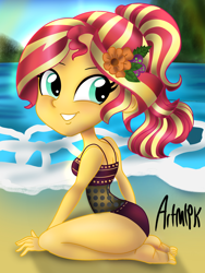Size: 1536x2048 | Tagged: safe, artist:artmlpk, character:sunset shimmer, species:human, my little pony:equestria girls, alternate hairstyle, barefoot, beach, blushing, clothing, cute, feet, female, flower, flower in hair, island, kneeling, looking back, looking over shoulder, ocean, one-piece swimsuit, ponytail, shimmerbetes, smiling, solo, swimsuit