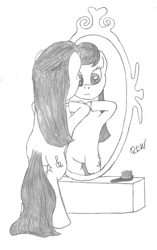 Size: 550x878 | Tagged: safe, artist:quint-t-w, character:octavia melody, species:earth pony, species:pony, bipedal, bow tie, brush, dexterous hooves, female, mirror, old art, pencil drawing, simple background, solo, traditional art, white background