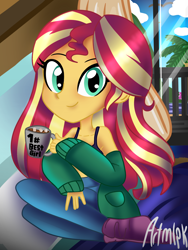 Size: 1536x2048 | Tagged: safe, artist:artmlpk, character:sunset shimmer, species:human, my little pony:equestria girls, balcony, bed, bedroom, chocolate, clothing, coffee mug, cute, female, food, hot chocolate, hotel, hotel room, jacket, looking at you, mug, oversized clothes, palm tree, pillow, shimmerbetes, signature, sitting, smiling, socks, solo, sweater, tree, window