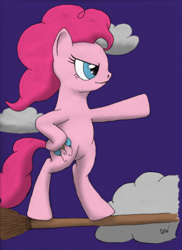Size: 500x688 | Tagged: safe, artist:quint-t-w, character:pinkie pie, species:earth pony, species:pony, bipedal, broom, cloud, colored, dramatic pose, female, flying, flying broomstick, old art, pencil drawing, solo, traditional art