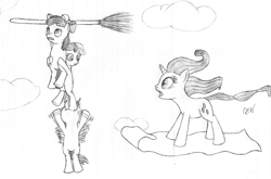 Size: 800x529 | Tagged: safe, artist:quint-t-w, character:apple bloom, character:rarity, character:scootaloo, character:sweetie belle, species:earth pony, species:pegasus, species:pony, species:unicorn, black and white, broom, cloud, cutie mark crusaders, flying, flying broomstick, flying carpet, grayscale, holding on, magic carpet, monochrome, old art, panic, pencil drawing, struggling, traditional art, windswept mane