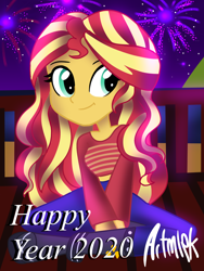 Size: 1536x2048 | Tagged: safe, artist:artmlpk, character:sunset shimmer, my little pony:equestria girls, clothing, cute, female, fireworks, holiday, midriff, new year, new years eve, shimmerbetes, short shirt, solo