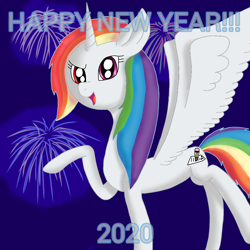 Size: 1000x1000 | Tagged: safe, artist:rainbow dash is best pony, oc, oc only, oc:rainbowrio, species:alicorn, species:pony, 2020, alicorn oc, fireworks, happy new year, holiday, rainbow alicorn, raised hoof, solo, spread wings, wings