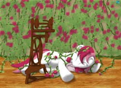 Size: 700x509 | Tagged: safe, artist:quint-t-w, character:roseluck, species:earth pony, species:pony, fairy tale, female, flower, rose, sleeping, solo, spinning wheel, underhoof, wooden floor