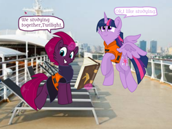 Size: 1440x1080 | Tagged: safe, artist:rainbow eevee edits, artist:徐詩珮, character:fizzlepop berrytwist, character:tempest shadow, character:twilight sparkle, character:twilight sparkle (alicorn), species:alicorn, species:pony, species:unicorn, series:sprglitemplight diary, series:sprglitemplight life jacket days, series:springshadowdrops diary, series:springshadowdrops life jacket days, ship:tempestlight, alternate universe, broken horn, cute, dialogue, female, horn, lesbian, lifejacket, shipping, studying, tempestbetes, twiabetes