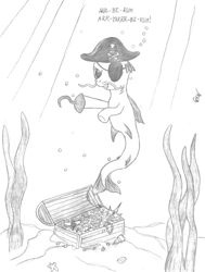 Size: 555x735 | Tagged: safe, artist:quint-t-w, species:pony, bubble, clothing, eyepatch, hat, hook, merpony, ocean, old art, pencil drawing, pirate, pirate hat, seaweed, singing, skull and crossbones, solo, traditional art, treasure, treasure chest, underwater