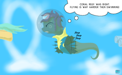 Size: 600x372 | Tagged: safe, artist:quint-t-w, species:pony, species:sea pony, bubble, bubble helmet, cartoon physics, clothing, cloud, eyes closed, flying, offscreen character, old art, straining, thought bubble, uniform, water, wonderbolt trainee uniform