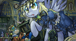 Size: 700x378 | Tagged: safe, artist:saturnspace, character:derpy hooves, character:doctor whooves, character:time turner, species:pony, chandelier, clothing, cute, derpabetes, dress, giant derpy hooves, giant pony, goggles, macro