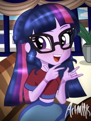 Size: 1536x2048 | Tagged: safe, artist:artmlpk, character:twilight sparkle, character:twilight sparkle (scitwi), species:eqg human, my little pony:equestria girls, adorkable, alternate hairstyle, braid, clothing, cruise, cruise ship, cute, dork, female, glasses, hair, looking at you, midriff, peace sign, plant, seat, short shirt, skirt, smiley face, solo, twiabetes