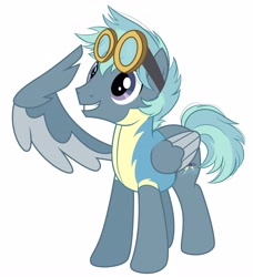 Size: 3738x4096 | Tagged: safe, artist:emberslament, oc, oc only, oc:storm surge, species:pegasus, species:pony, clothing, cute, goggles, male, simple background, stallion, uniform, white background, wing hands, wing salute, wings, wonderbolt trainee uniform