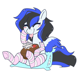 Size: 1500x1500 | Tagged: safe, artist:crimmharmony, oc, oc only, oc:black ice, species:pegasus, species:pony, blushing, cake, clothing, cute, eyes closed, female, food, heart, mare, pillow, simple background, sitting, socks, solo, strawberry, striped socks, tongue out, transparent background