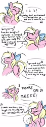 Size: 745x2048 | Tagged: safe, artist:emberslament, oc, oc only, oc:bay breeze, species:pegasus, species:pony, a-ha, bow, butt, dialogue, dock, doodle, fall out boy, female, hair bow, mare, music notes, plot, simple background, singing, solo, third eye blind, white background