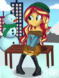 Size: 1536x2048 | Tagged: safe, artist:artmlpk, character:sunset shimmer, my little pony:equestria girls, alternate hairstyle, bare shoulders, bench, boots, city, cityscape, clothing, cloud, cute, female, heeled boots, high heel boots, looking back, mountain, off shoulder, off shoulder sweater, shimmerbetes, shoes, sitting, skirt, smiling, snow, snowman, solo, sweater, winter, winter outfit