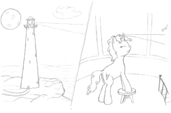 Size: 1004x661 | Tagged: safe, artist:quint-t-w, oc, species:pony, species:unicorn, cliff, light, lighthouse, moon, ocean, old art, pencil drawing, solo, stool, traditional art