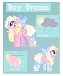 Size: 3349x4094 | Tagged: safe, artist:emberslament, oc, oc only, oc:bay breeze, species:pegasus, species:pony, blushing, bow, clothing, cute, female, hair bow, mare, reference sheet, socks, striped socks, tail bow, text