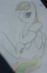 Size: 600x934 | Tagged: safe, artist:quint-t-w, character:blossomforth, species:pegasus, species:pony, colored, colored pencil drawing, dexterous hooves, female, looking at you, old art, pencil drawing, sitting, smiling, solo, traditional art