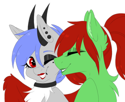 Size: 2000x1635 | Tagged: safe, artist:melodytheartpony, oc, oc:melody silver, species:dracony, species:dragon, species:pegasus, species:pony, bisexual, collar, cute, fluffy, horns, hybrid, lipstick, makeup, nuzzling, piercing, ponytail, shipping, simple background, transparent background