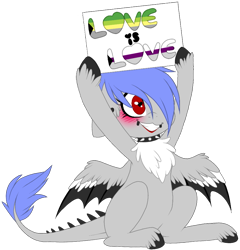 Size: 911x949 | Tagged: safe, artist:melodytheartpony, oc, oc:melody silver, species:dracony, species:dragon, species:pony, collar, cute, demiromantic, demiromantic pride flag, demisexual, demisexual pride flag, female, fluffy, grin, happy, heart eyes, hybrid, pride, pride flag, sign, simple background, smiling, transparent background, unshorn fetlocks, wingding eyes