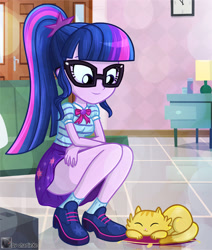 Size: 624x736 | Tagged: safe, artist:charliexe, character:twilight sparkle, character:twilight sparkle (scitwi), species:eqg human, g4, my little pony: equestria girls, my little pony:equestria girls, cat, clothing, cute, digital art, dress, female, geode of telekinesis, glasses, legs, magical geodes, ponytail, schrödinger's pantsu, shoes, skirt, skirt interior, smiling, socks, solo, thighs, twiabetes, upskirt
