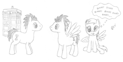 Size: 700x355 | Tagged: safe, artist:quint-t-w, character:derpy hooves, character:doctor whooves, character:time turner, species:earth pony, species:pegasus, species:pony, crossover, doctor who, looking at each other, old art, pencil drawing, simple background, tardis, tenth doctor, thought bubble, traditional art, white background