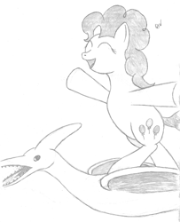 Size: 732x900 | Tagged: safe, artist:quint-t-w, character:pinkie pie, species:earth pony, species:pony, bipedal, dinosaur, eyes closed, flying, old art, open mouth, pencil drawing, pose, pteranodon, pterosaur, riding, sharp teeth, simple background, teeth, traditional art, white background