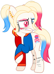 Size: 1456x1968 | Tagged: safe, artist:ifoxbases, artist:rukemon, base used, oc, oc:har-harley queen, species:earth pony, species:pony, clothing, commission, cringing, ear piercing, earring, eyeshadow, female, heterochromia, jacket, jewelry, makeup, mare, multicolored hair, piercing, raised hoof, running makeup, simple background, solo, tattoo, transparent background