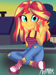 Size: 1536x2048 | Tagged: safe, artist:artmlpk, character:sunset shimmer, my little pony:equestria girls, adorable face, adorkable, alternate hairstyle, boots, clothing, cute, design, dork, female, grass, heeled boots, house, houses, jeans, looking at you, pants, peace sign, ripped jeans, road, shimmerbetes, shirt, shoes, sitting, smiling at you, solo, summer sunset, t-shirt, tree