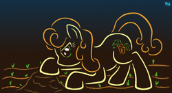 Size: 700x380 | Tagged: safe, artist:quint-t-w, character:carrot top, character:golden harvest, species:earth pony, species:pony, annoyed, female, garden, gradient background, molehill, old art, plant, solo