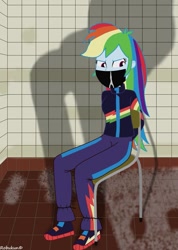 Size: 755x1058 | Tagged: safe, artist:robukun, character:rainbow dash, my little pony:equestria girls, arm behind back, bondage, gag, tape, tape gag, tied to chair, tied up