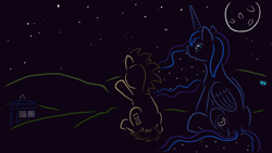 Size: 1000x562 | Tagged: safe, artist:quint-t-w, character:doctor whooves, character:princess luna, character:time turner, species:alicorn, species:earth pony, species:pony, back, crossover, dark background, doctor who, moon, old art, stars, tardis, the doctor