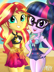 Size: 1536x2048 | Tagged: safe, artist:artmlpk, character:sunset shimmer, character:twilight sparkle, character:twilight sparkle (scitwi), species:eqg human, g4, my little pony: equestria girls, my little pony:equestria girls, adorkable, beach, best friends forever, bikini, clothing, cute, dork, duo, duo female, female, hands on hip, looking at you, midriff, sarong, shimmerbetes, sun, swimsuit, twiabetes