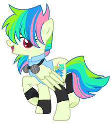 Size: 1278x1428 | Tagged: safe, artist:klewgcg, artist:rukemon, base used, oc, oc only, oc:floor jack, species:pegasus, species:pony, bedroom eyes, clothing, commission, female, fingerless gloves, gloves, goggles, leggings, mare, multicolored hair, open mouth, raised hoof, raised leg, show accurate, simple background, solo, tank top, transparent background, underhoof
