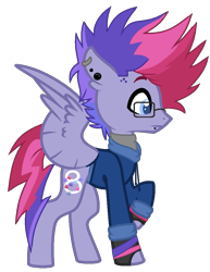 Size: 785x1018 | Tagged: safe, artist:katnekobase, artist:rukemon, base used, oc, oc only, oc:ultraviolet ray, parent:oc:elizabat stormfeather, parent:tempest shadow, parents:canon x oc, parents:stormshadow, species:pegasus, species:pony, icey-verse, clothing, commission, ear piercing, earring, fingerless gloves, glasses, gloves, hoodie, jewelry, lip piercing, magical lesbian spawn, male, multicolored hair, offspring, piercing, shirt, simple background, solo, stallion, transparent background, wristband