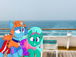 Size: 1440x1080 | Tagged: safe, artist:rainbow eevee edits, artist:徐詩珮, character:glitter drops, character:spring rain, species:pony, species:unicorn, series:sprglitemplight diary, series:sprglitemplight life jacket days, series:springshadowdrops diary, series:springshadowdrops life jacket days, beach, clothing, cute, female, lesbian, lifeguard, lifeguard spring rain, paw patrol, photo, shipping, springdrops, swimsuit, watching