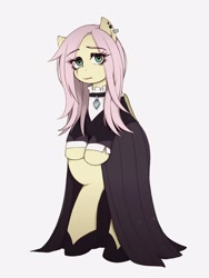 Size: 1620x2160 | Tagged: safe, artist:umeguru, character:fluttershy, species:pegasus, species:pony, episode:fake it 'til you make it, bipedal, clothing, dress, ear piercing, earring, female, fluttergoth, jewelry, looking at you, mare, mascara, piercing, simple background, solo, white background